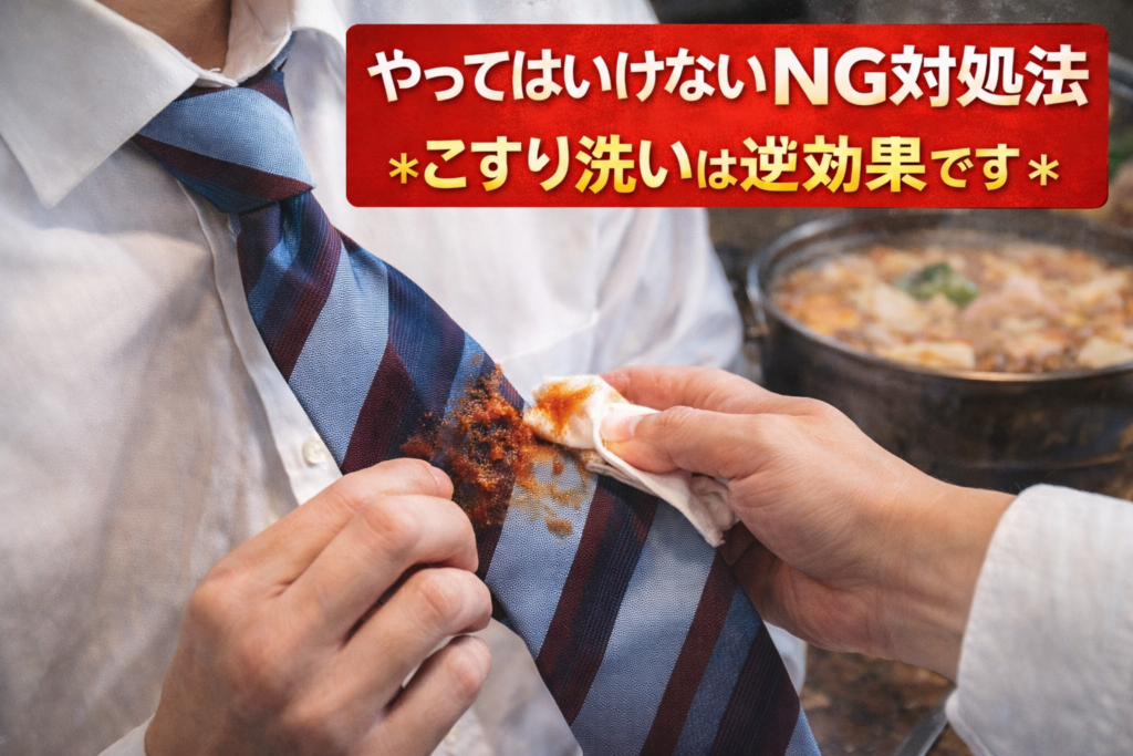 年末年始の食べこぼし汚れをネクタイでこすってしまい、シミを悪化させている例