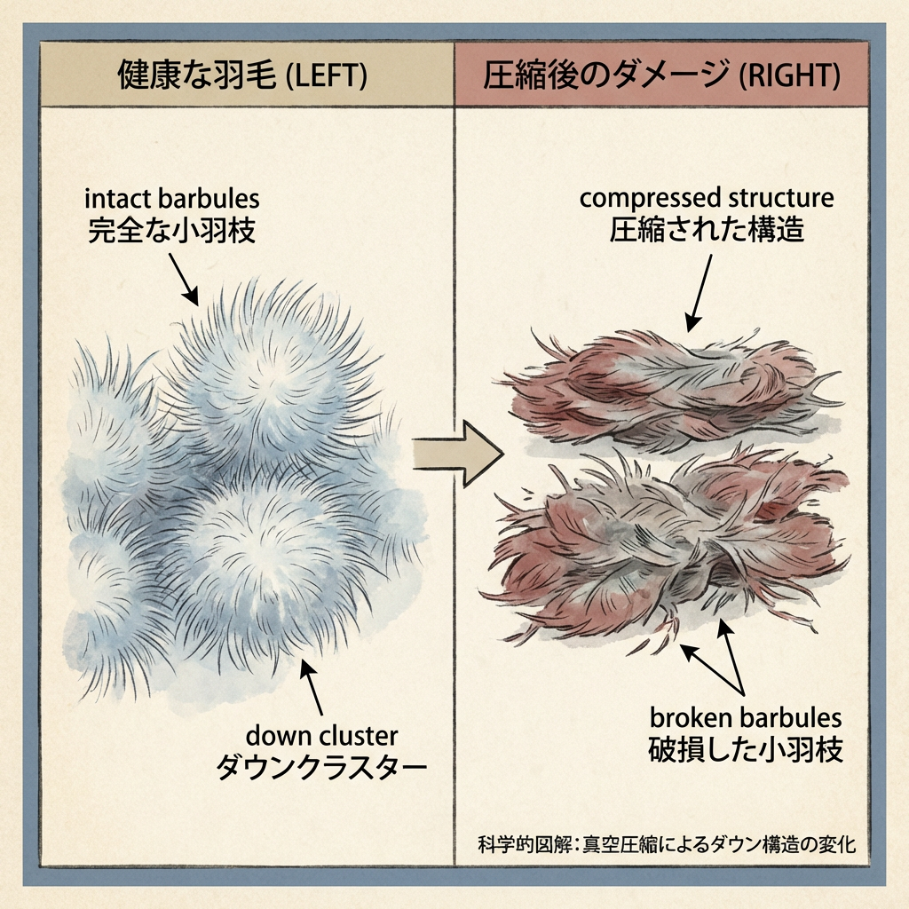 真空圧縮によるダウン構造の変化