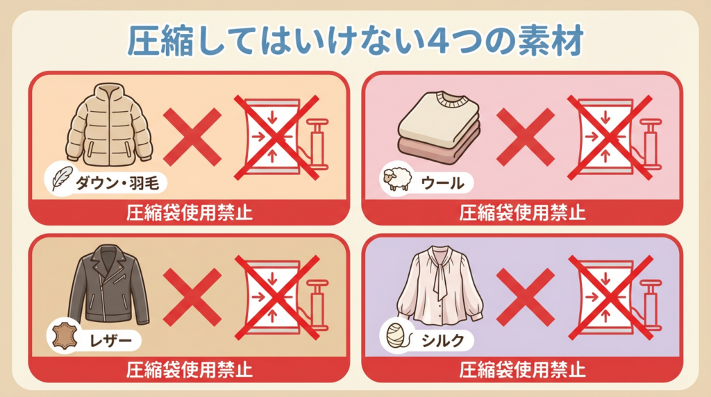 ▲ ダウン、ウール、レザー、シルクは圧縮袋NG!素材の特性を理解して正しく保管