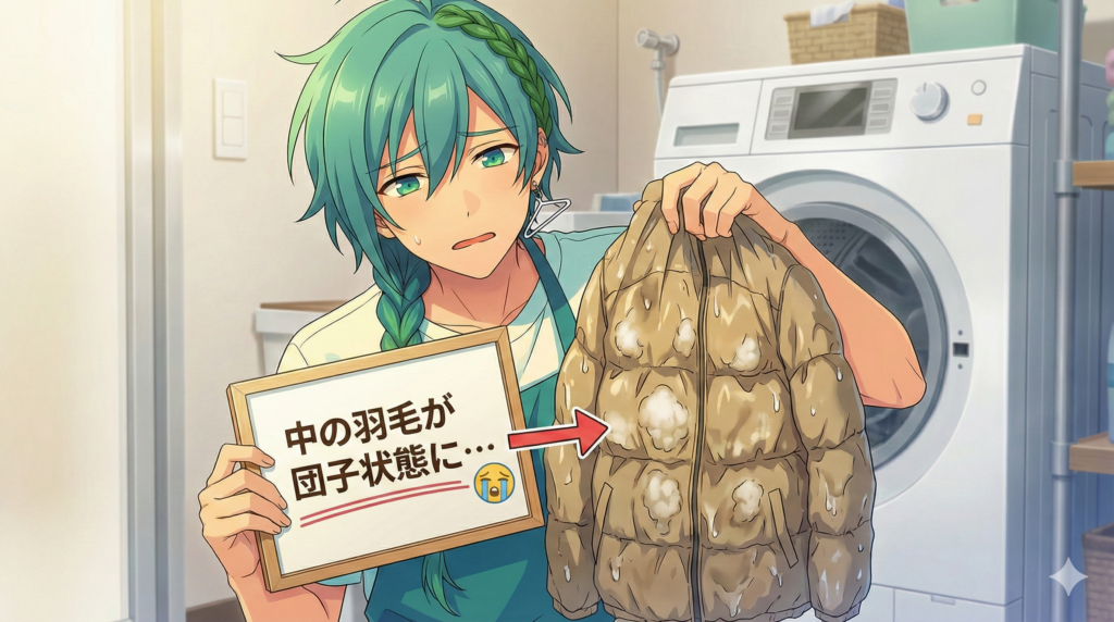 困った顔の流星くんが、洗濯機の前で、羽毛が団子状に固まってぺちゃんこになった濡れたダウンジャケットを持ち、「中の羽毛が団子状態に…」というボードを掲げている画像。