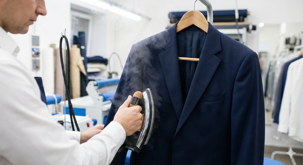 プロのクリーニング師の手によって、専用の洗浄液で丁寧に水洗いされているグレーのスーツジャケット