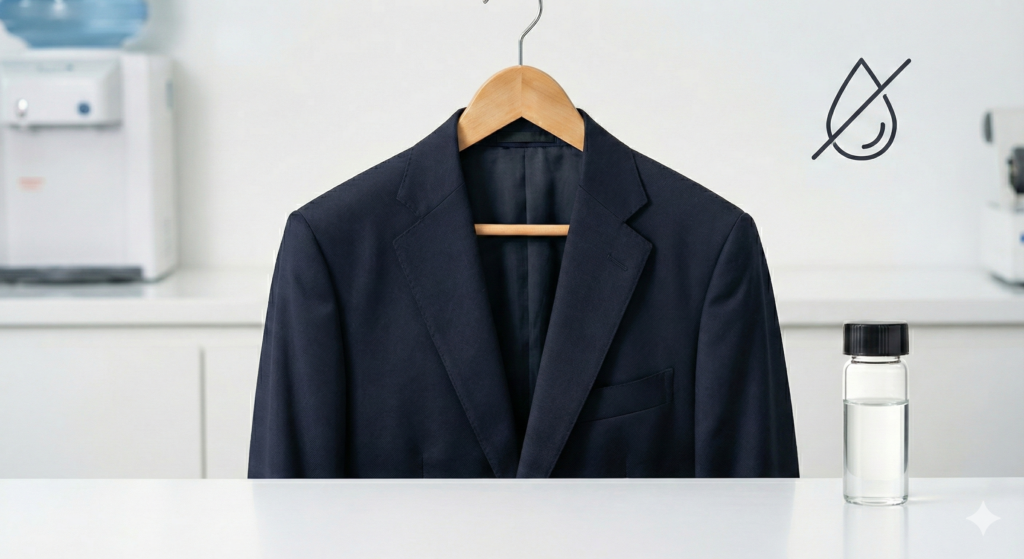 木製ハンガーに掛けられた紺のビジネススーツと、ドライクリーニング用の溶剤ボトルのイメージ