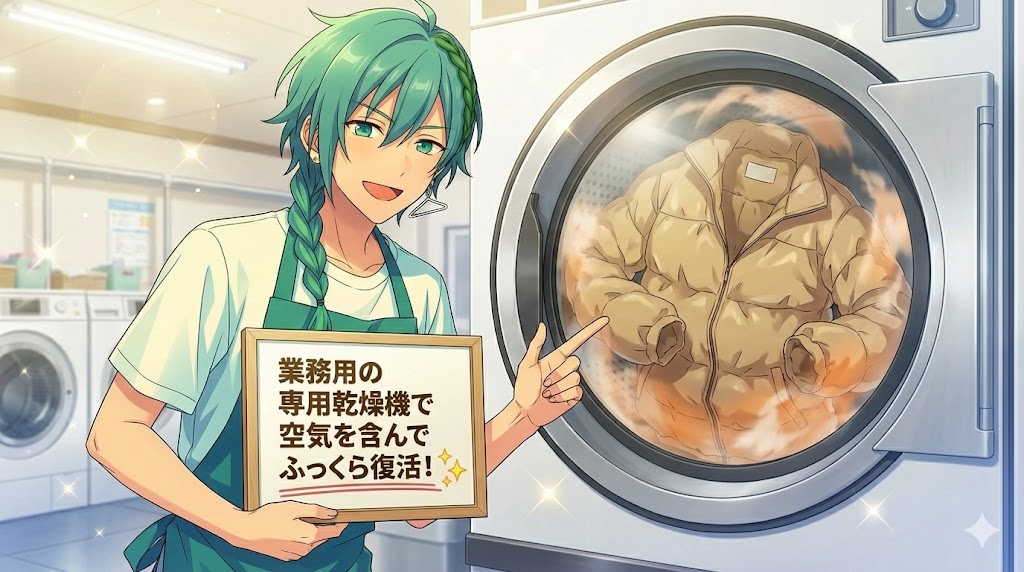 笑顔の流星くんが、業務用の大きな乾燥機の中でダウンジャケットがふっくらと回っている様子を指差し、「業務用の専用乾燥機で空気を含んでふっくら復活!」というボードを持っている画像。