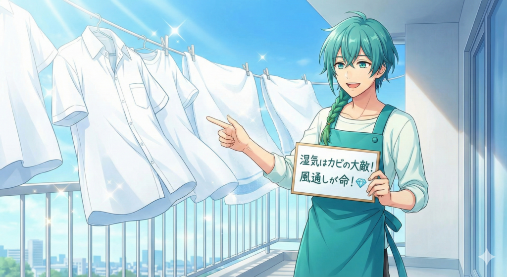 ベランダで白いシャツが干されている背景で、流星くんが「湿気はカビの大敵！風通しが命！」と書かれたボードを指差している画像