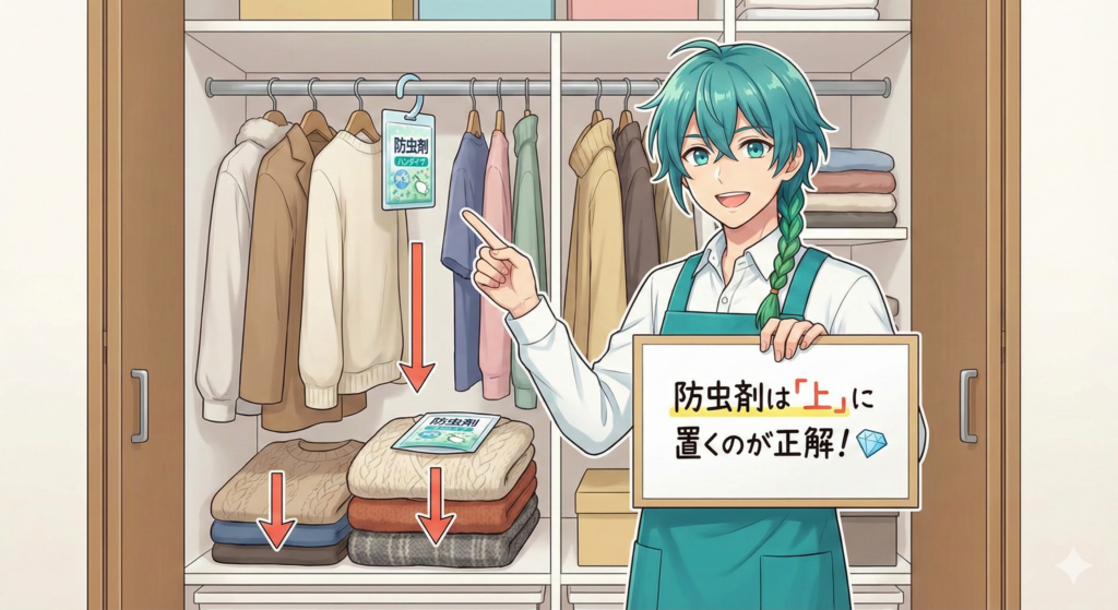 クローゼットのパイプに吊るされた防虫剤と畳んだ服の上に置かれた防虫剤から下向きの矢印が描かれ、流星くんが「防虫剤は『上』に置くのが正解！」とボードで解説している画像