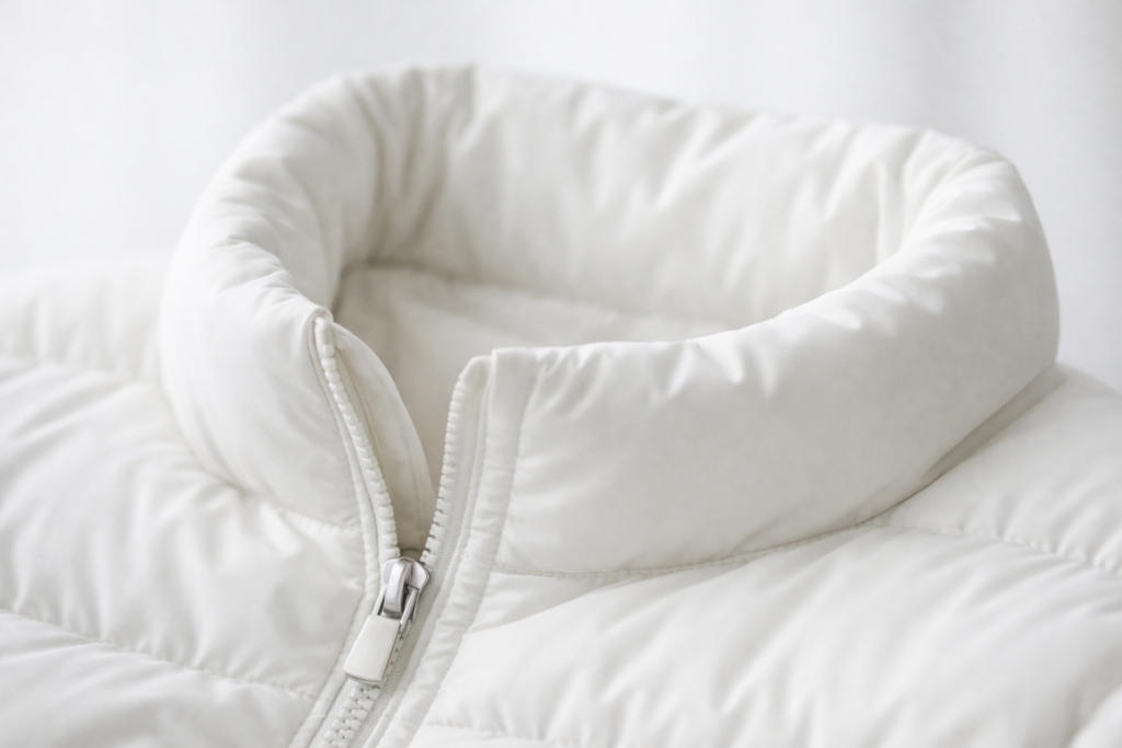 白いダウンジャケットの首まわりとえり元を上品に写したクローズアップ画像