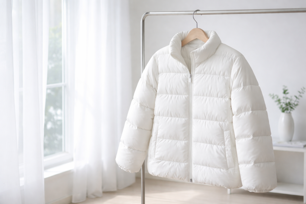 明るい日差しが差し込む清潔な室内で、ハンガーに掛けられた真っ白でボリュームのあるダウンジャケット。羽毛の団子状態が解消され、隅々まで空気を含んでふっくらと復元された美しい仕上がり。