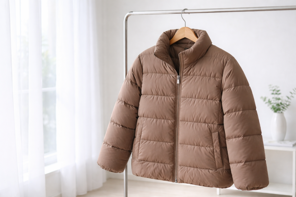 明るい室内の窓辺で白いダウンジャケットをやさしく陰干ししているイメージ画像