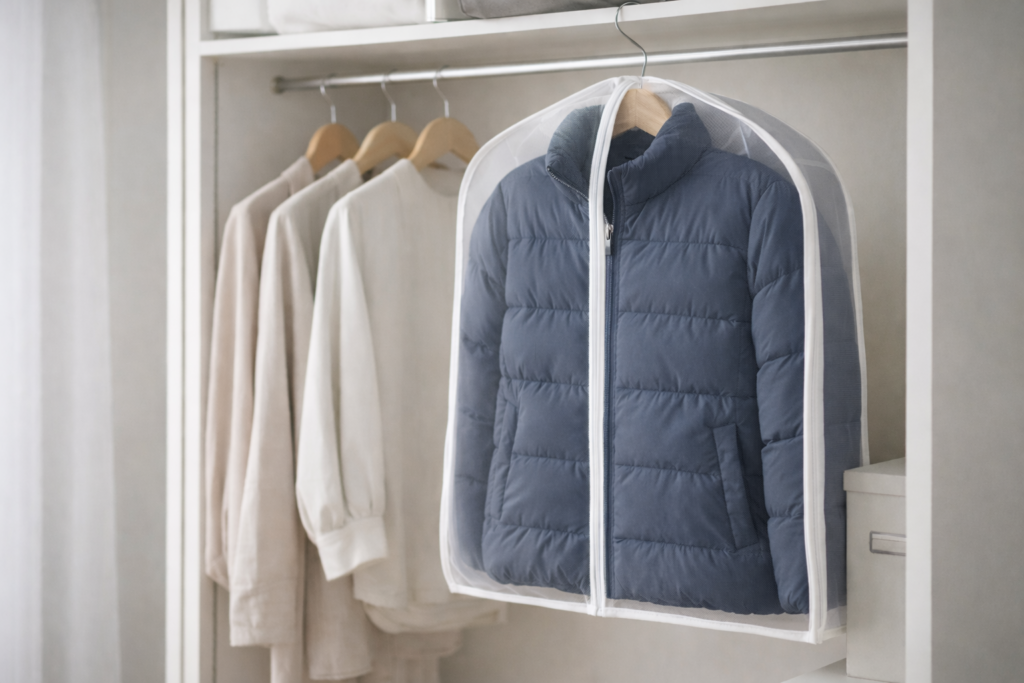 クローゼットの中でカバーを掛けて保管された紺のダウンジャケットのミニマルな画像