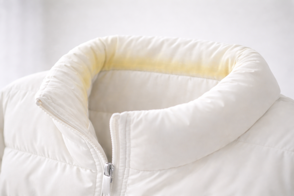 白いダウンジャケットの襟元全体に、皮脂や汗の酸化によって発生した黄色い変色(黄ばみ)が鮮明に写っているマクロ写真。