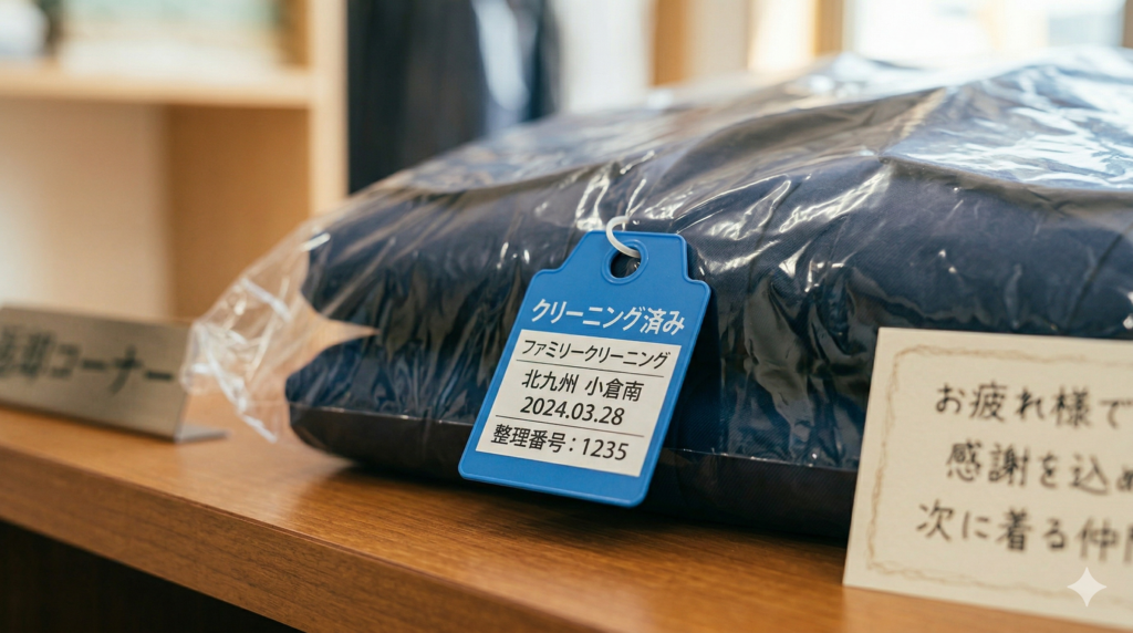 丁寧に袋詰めされた作業服の胸元に、クリーニング店の青いタグが輝いている様子