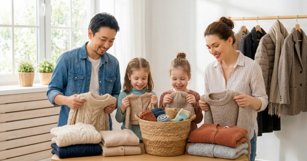 明るいリビングで、日本人の両親と二人の娘が一緒に春物の服を丁寧に畳んでカゴに入れている様子。