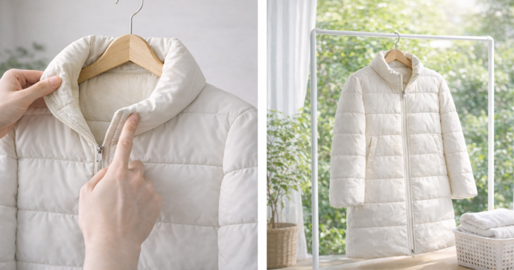 White down jacket with yellowing around the collar caused by sweat and body oils, shown in a close-up view.