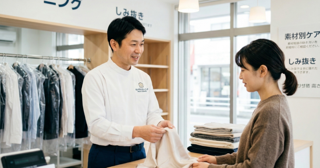 清潔な白い制服を着た店主（神林）が、明るい店舗のカウンターで女性客に生地の質感を優しく説明している様子。
