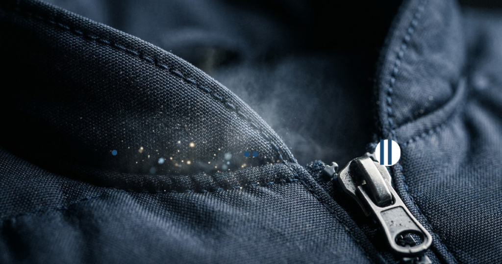 ネイビーのダウンジャケットの襟元とファスナー付近の接写画像。生地の繊維に蓄積した目に見えない汗、皮脂、湿気を光る粒子で表現したインフォグラフィック風の写真。