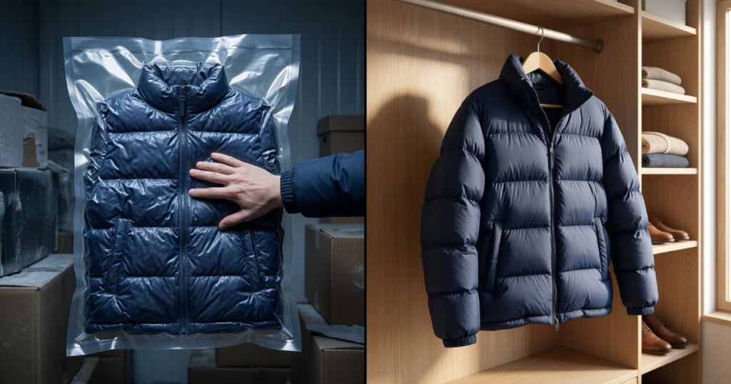紺色のダウンジャケットを真空圧縮袋で潰して保管する悪い例（左）と、明るい木製クローゼットでハンガーにかけてふっくら保管する良い例（右）の比較画像。