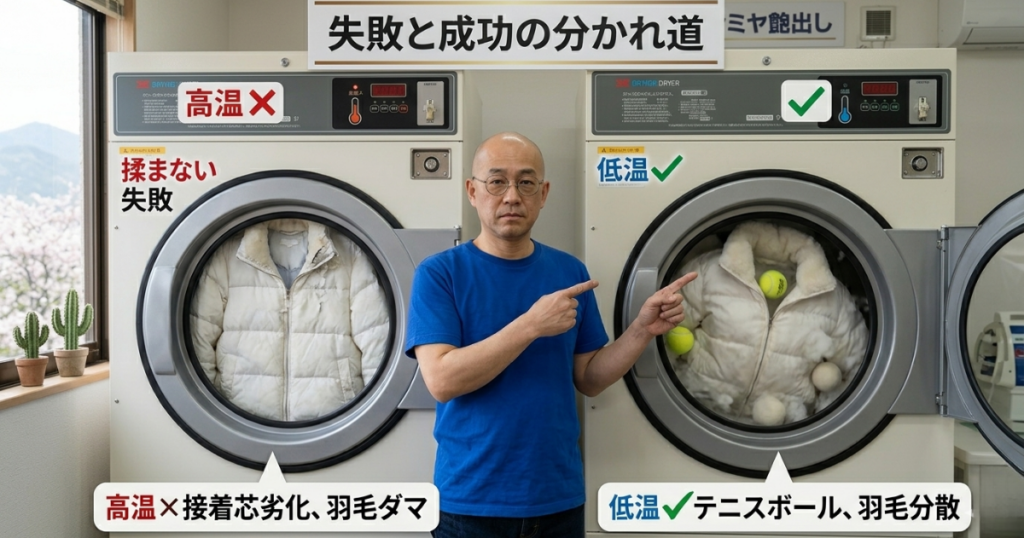 店主が二台の乾燥機の間に立ち、失敗例（高温・揉まない）と成功例（低温・テニスボール）を指差して解説している。右側の乾燥機にはテニスボールとふっくらしたダウンが入っている。