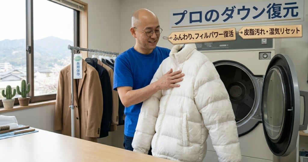 専用の乾燥機から、驚くほどふっくらと蘇った白いダウンジャケットを取り出し、愛おしそうに厚みを確認している爽やかな店主の笑顔。背景には「プロのダウン復元」の文字。