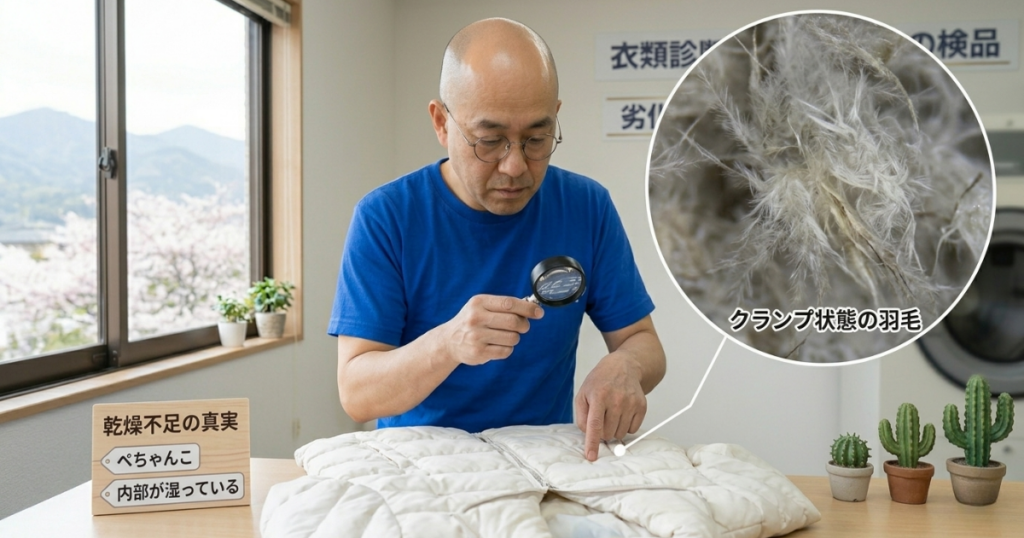 明るい店内で、爽やかな笑顔の店主がルーペを使い、ぺちゃんこになった白いダウンジャケットを診断している。拡大鏡の中には「クランプ状態」で固まった羽毛が映し出されている。