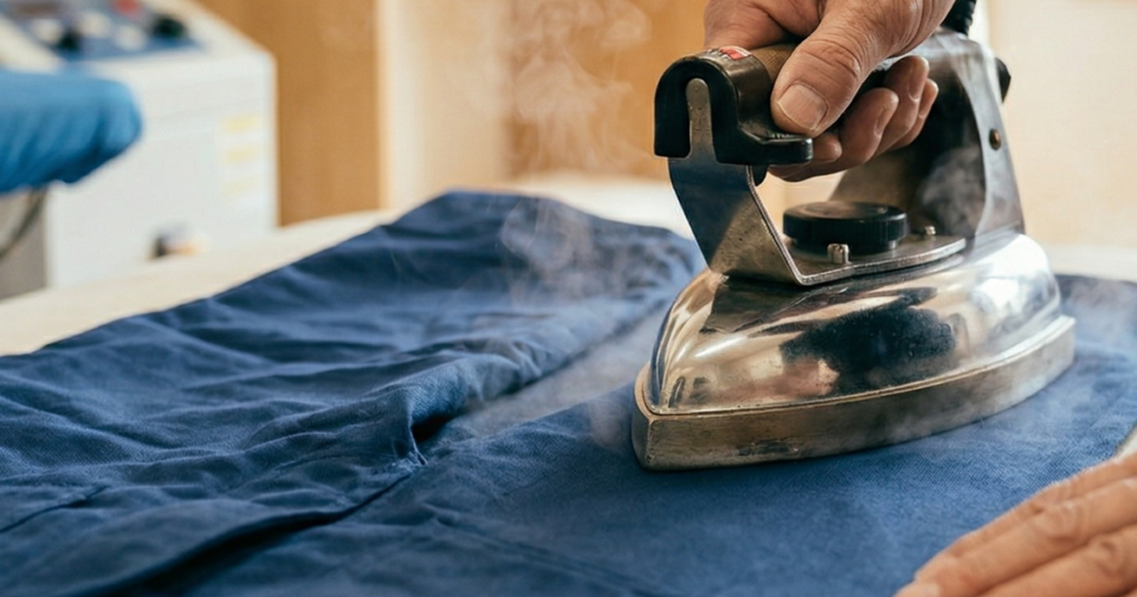 職人が大きなアイロンを使い、厚手の作業服のシワを力強く、かつ丁寧に伸ばしている様子