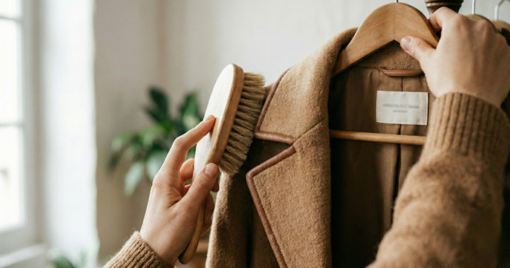 茶色のウールコートを専用のブラシで丁寧にブラッシングするクリーニング職人の手元。