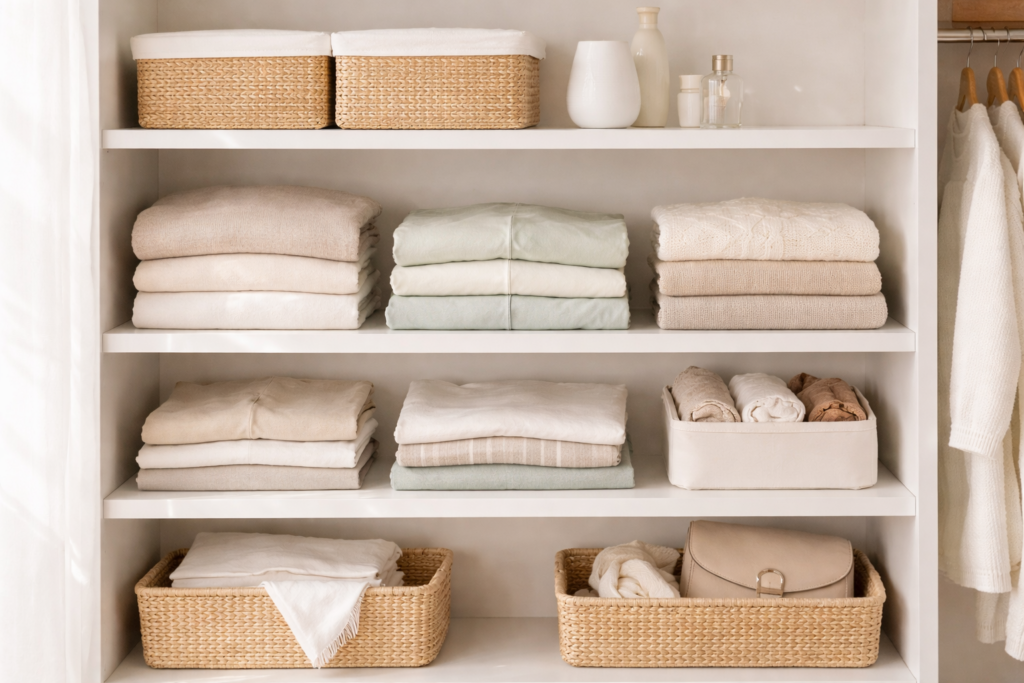 白い棚に衣類がきれいに畳んで収納されたクローゼットの写真