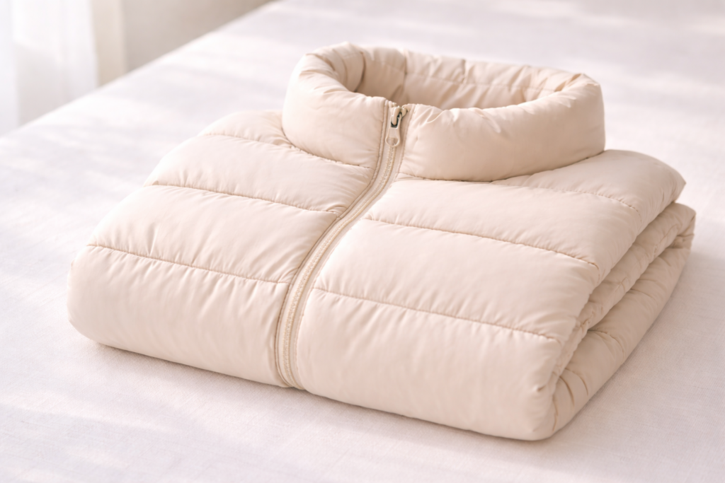 白いベッドの上に丁寧に折り畳まれたクリーム色のダウンジャケット