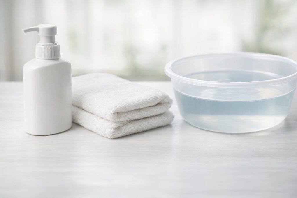 中性洗剤と柔らかい布、洗面器を並べた家庭ケア用品