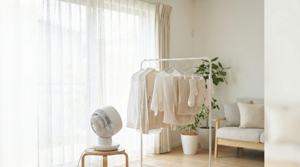 「サーキュレーターと除湿機を使えば、部屋干しでもカラッと乾きます」