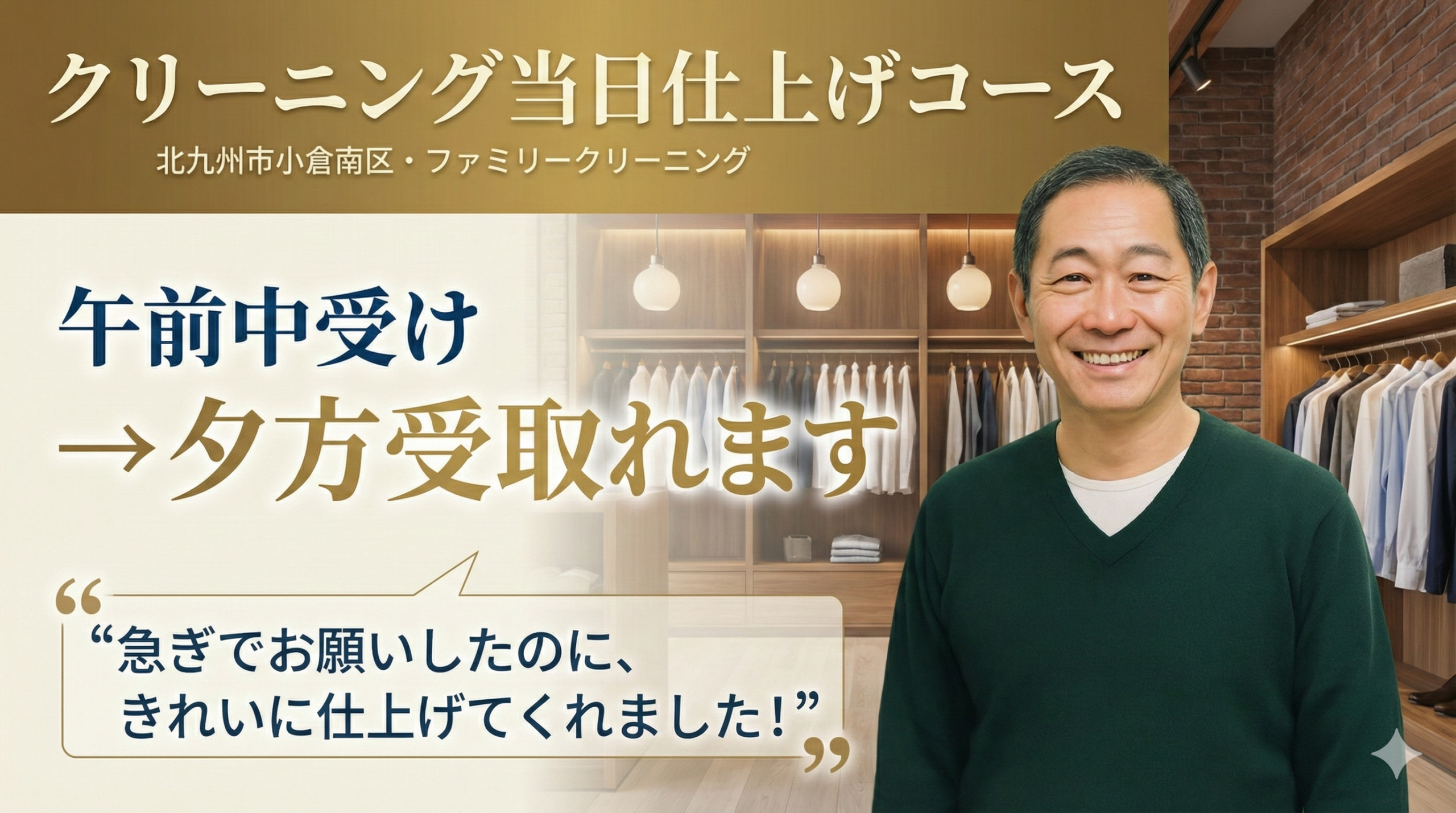 クリーニングのお急ぎ品、当日仕上げ（即日）はお気軽にお問合せください。