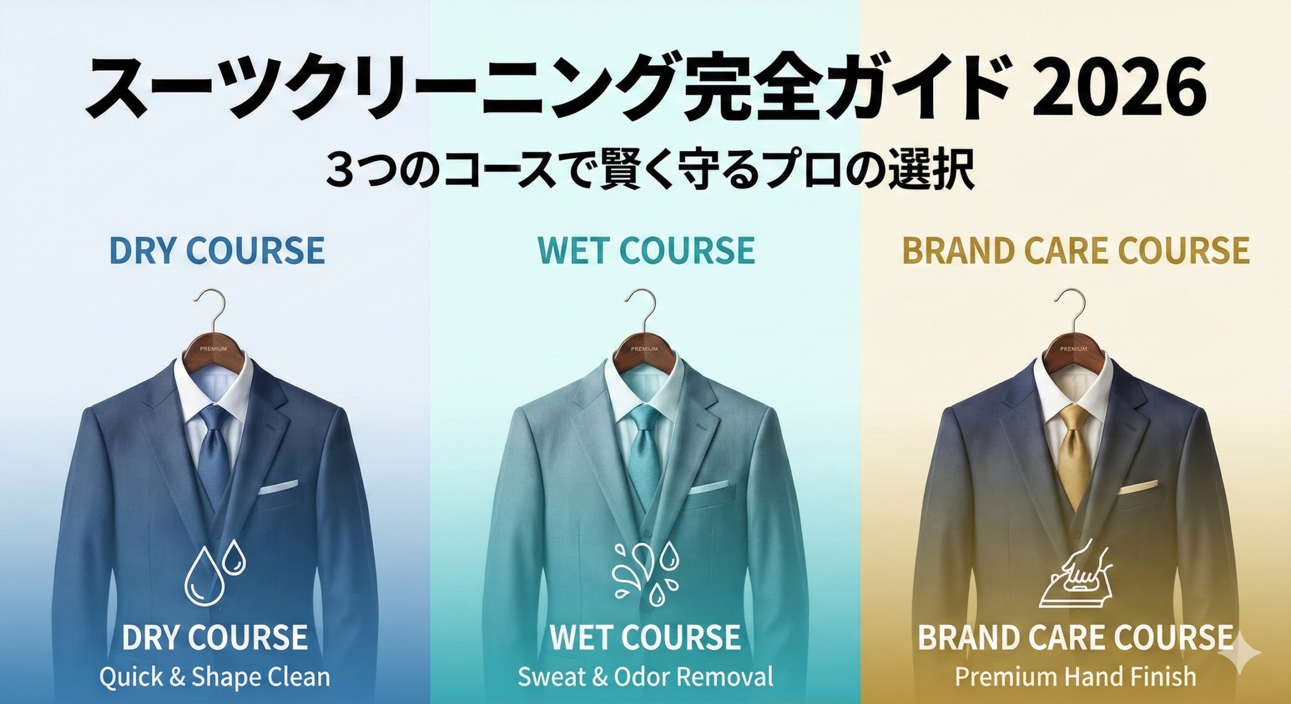 2026年最新版のスーツクリーニング選び方ガイド。ドライ、ウエット、ブランドケアの3つのコースを比較するビジネススーツの画像