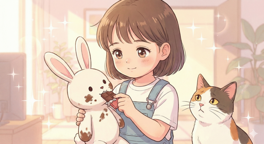 ぬいぐるみぴょんたに付いたチョコレートのシミ　