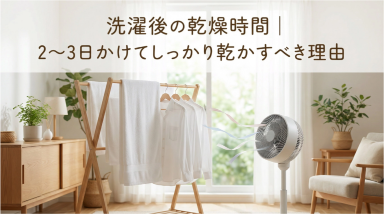 室内で洗濯物を干している様子、サーキュレーターで風を送り効率的に乾燥させている画像