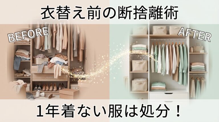 散らかったクローゼットから整理されたミニマルクローゼットへのビフォーアフター画像。衣替え前の断捨離で収納スペースを最大50%増やすコツを解説。 キャプション：衣替え前の断捨離でクローゼットがスッキリ！1年着ない服は処分が基本です