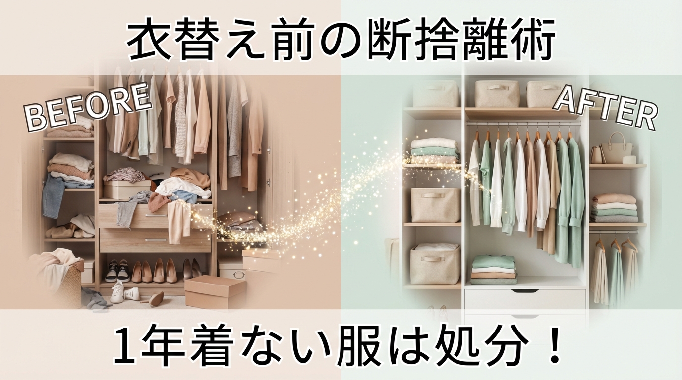 散らかったクローゼットから整理されたミニマルクローゼットへのビフォーアフター画像。衣替え前の断捨離で収納スペースを最大50%増やすコツを解説。 キャプション：衣替え前の断捨離でクローゼットがスッキリ！1年着ない服は処分が基本です