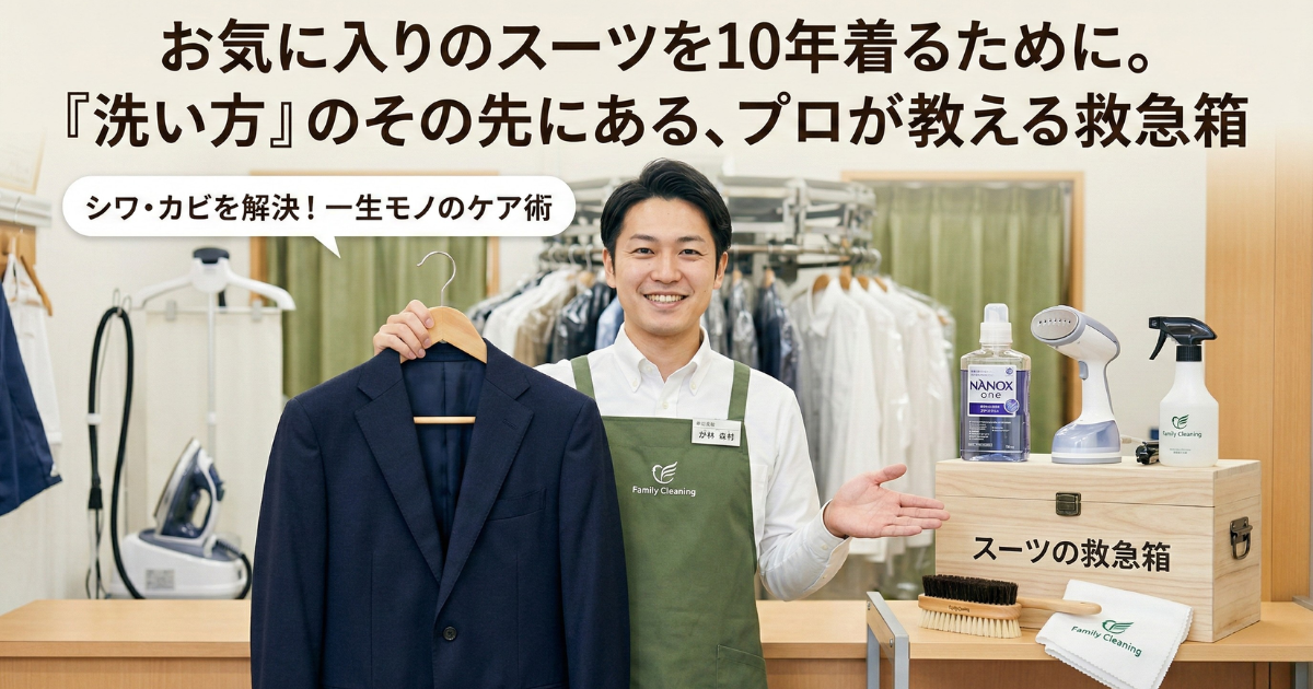清潔感のあるクリーニング店の店主が、スーツと「スーツの救急箱」を持って微笑んでいる様子。横にはNANOX oneやスチーマー、ブラシが並んでいる。