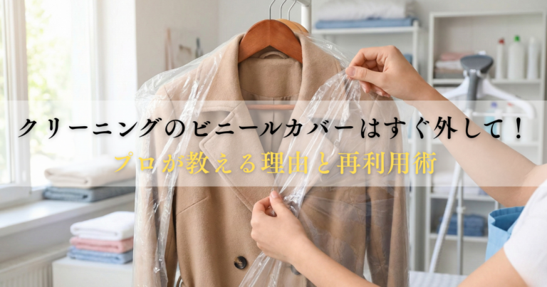 ベージュのウールコートにかかったクリーニングのビニールカバーを手で外している様子。明るい室内、背景に畳まれたタオルとスチーマーが見える。クリーニング後はカバーを外して陰干しすることが、カビ・黄ばみ予防の基本。北九州市小倉南区のファミリークリーニングが解説。