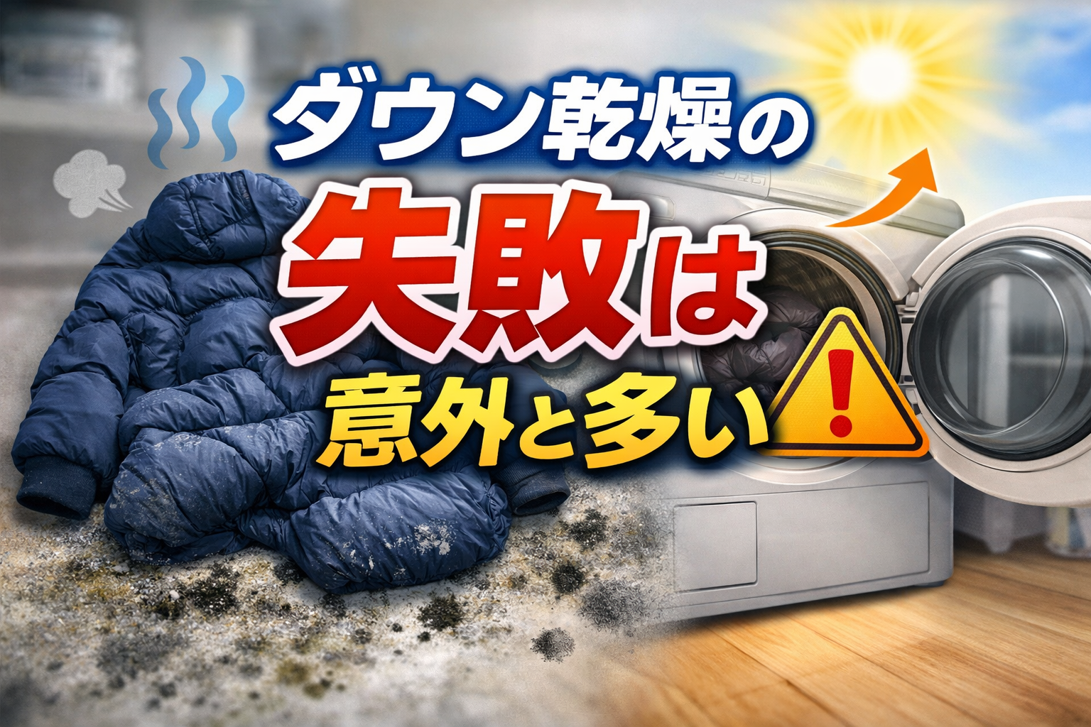 乾燥でぺちゃんこになったダウンジャケットと乾燥機のイメージ