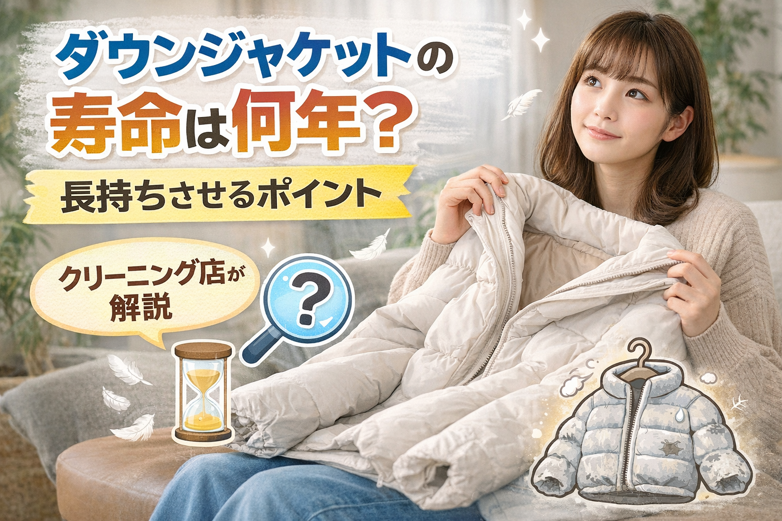 ダウンジャケットの寿命を考える女性と白いダウンジャケット