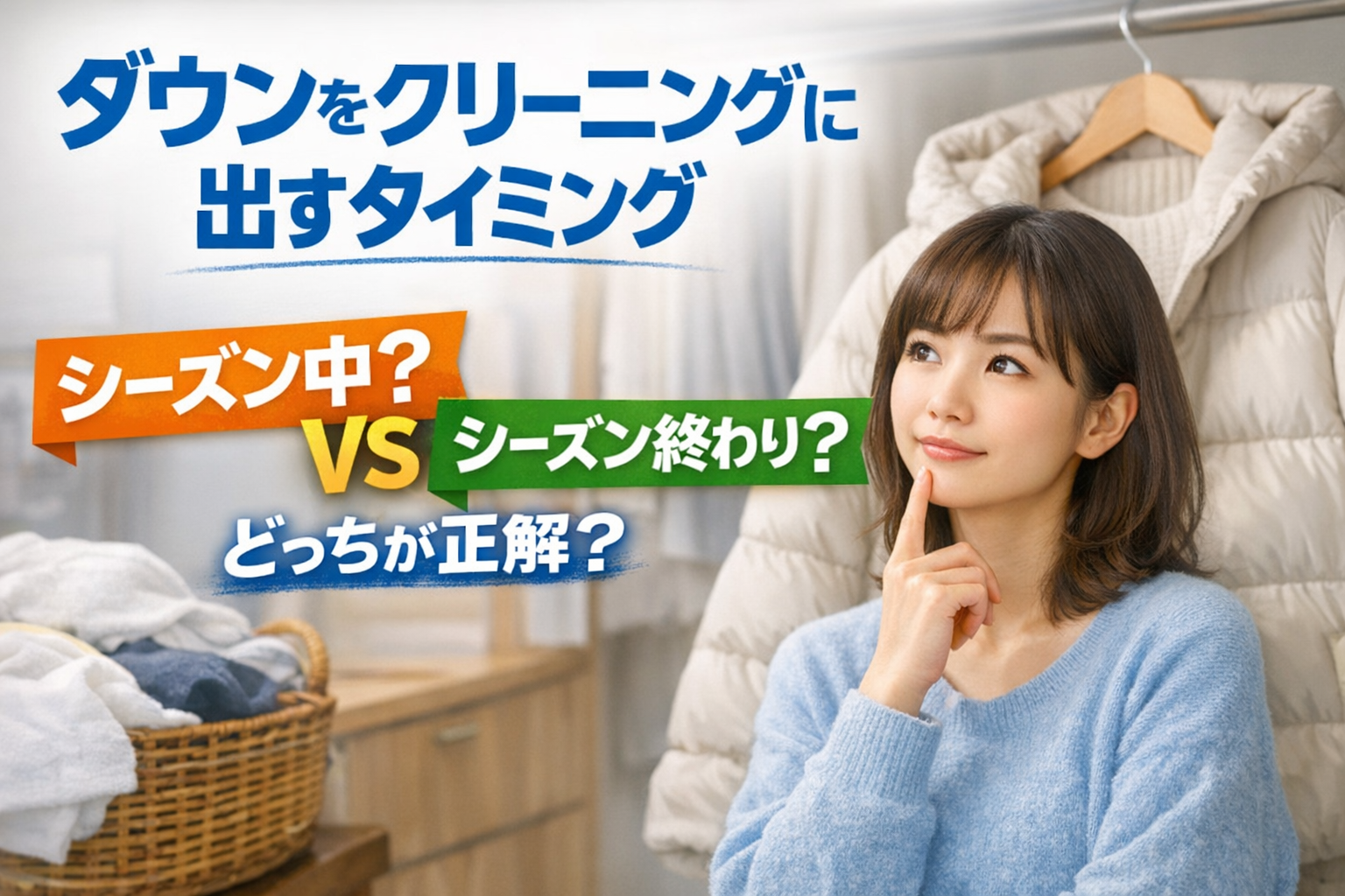 ダウンジャケットをクリーニングに出すタイミングを考える女性とハンガーに掛かったダウン