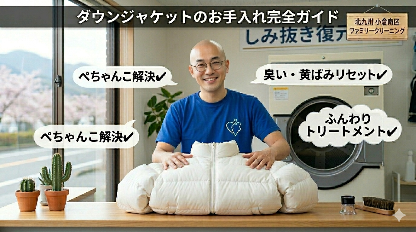 北九州・小倉南区の明るいファミリークリーニング店内で、丸眼鏡をかけ、つるつるにスキンヘッドを磨き上げた、より若々しく細身で「さわやかに」微笑む店主・神林（青いTシャツ、左胸に白いハートラインロゴ）が、驚くほどふっくらと蘇った白いダウンジャケットをTactile（触覚的）に撫でている。背景には乾燥機と足立山、桜の景色。日本語テキストと吹き出しはすべて維持。