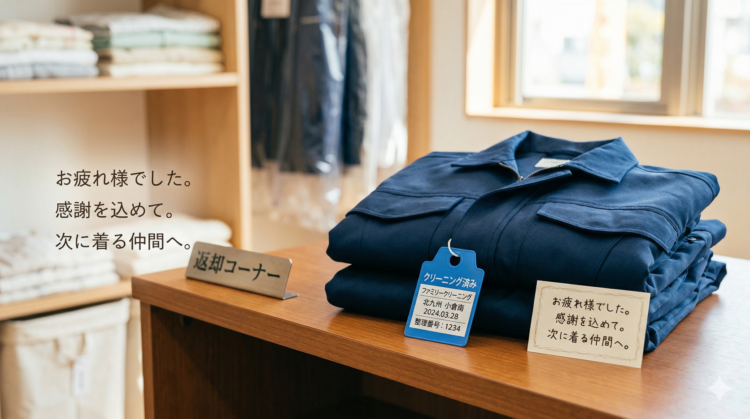 感謝を込めて畳まれた清潔な作業服