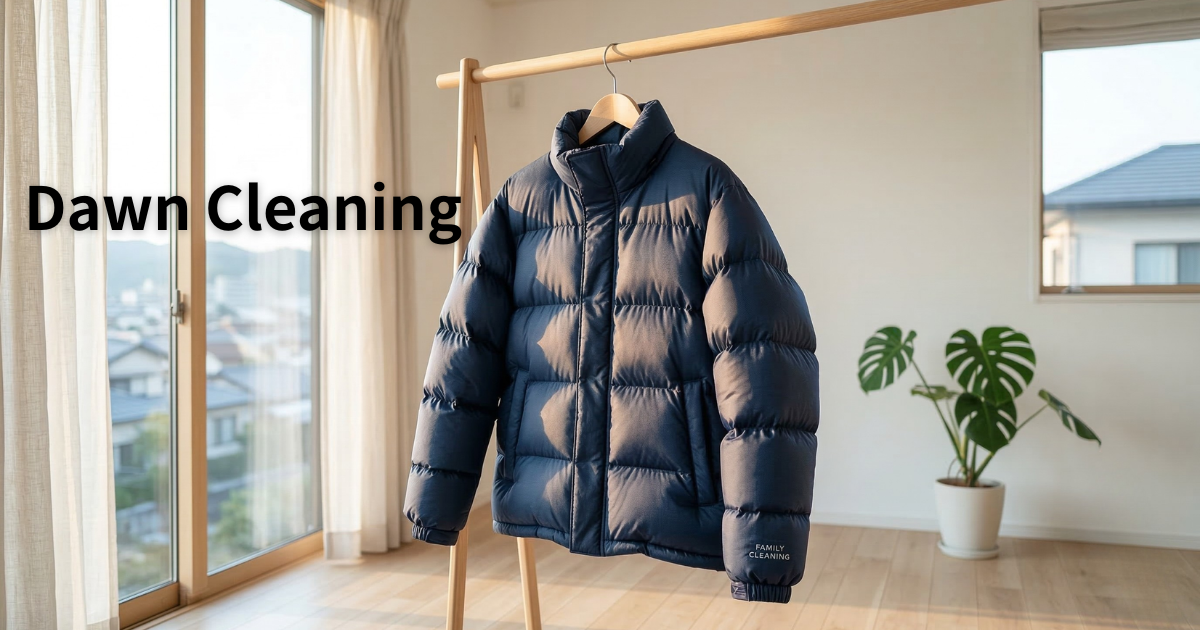 明るい部屋に掛けられた、クリーニング済みでふっくらとしたネイビーのダウンジャケット