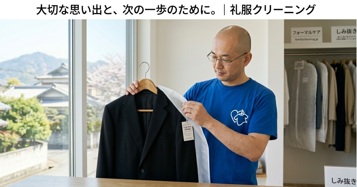 スキンヘッドで眼鏡をかけた店主・神林が、青いオリジナルTシャツ姿で、黒い礼服（スーツ）を丁寧に手に取り点検しているアイキャッチ画像。背景には北九州・小倉南区の穏やかな景色が広がる。