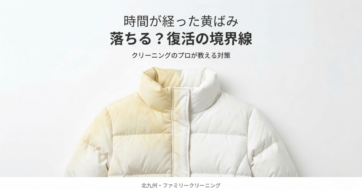 白いダウンジャケットの左半分が経年劣化で黄ばみ、右半分が真っ白にクリーニングされている対比画像。上部に「時間が経った黄ばみ 落ちる？復活の境界線 クリーニングのプロが教える対策」という日本語テキスト。