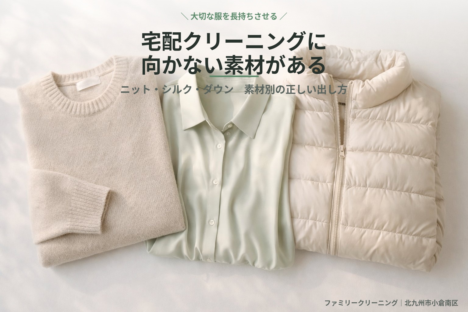 ニットセーター・シルクブラウス・ダウンジャケットを並べたフラットレイ写真