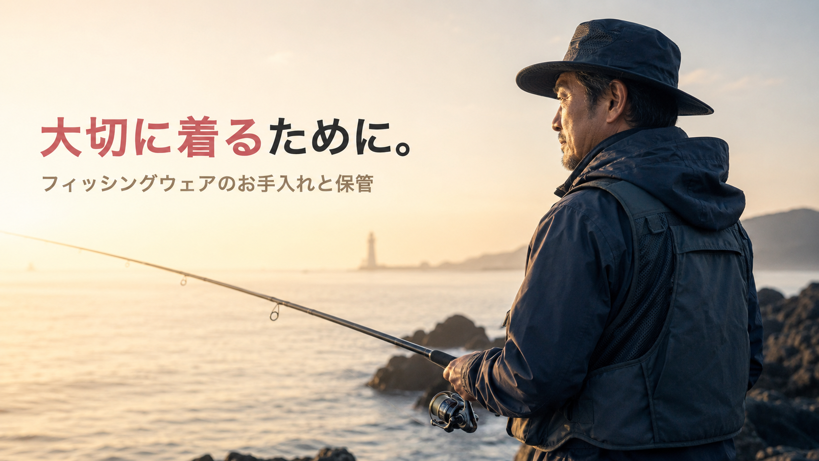 北九州の関門海峡や響灘を思わせる海辺で、整ったフィッシングウェア(レインジャケット・フィッシングベスト)を着て釣りに集中する男性の落ち着いた朝のシーン。フィッシングウェアのお手入れと保管完全ガイドのアイキャッチ。創業56年・国家資格クリーニング師のファミリークリーニング(北九州市小倉南区)が、魚の臭い・血のシミ・撥水復活、ウェーダー・ライフジャケット・ゴアテックス対応まで網羅。