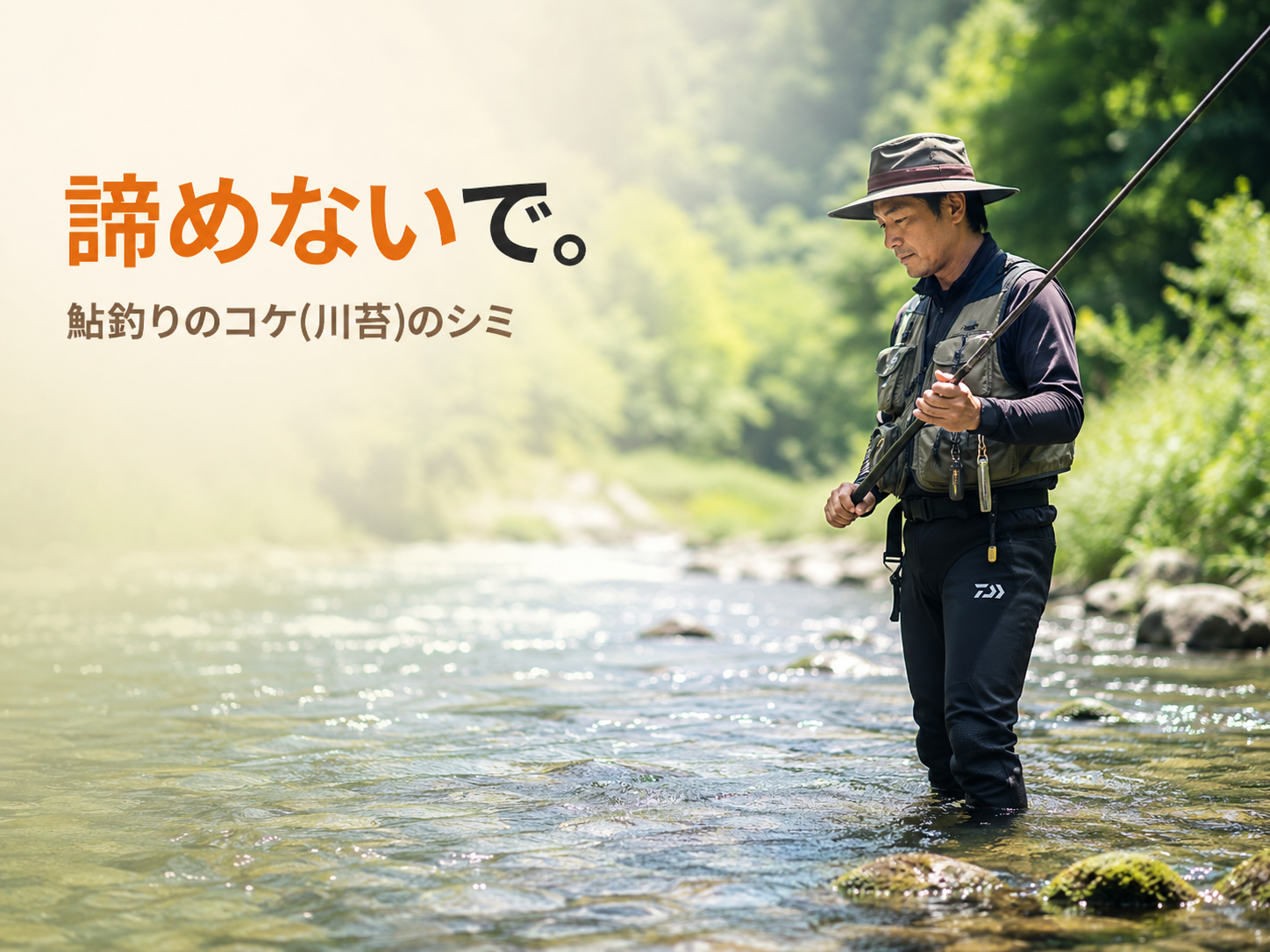 日田・三隈川を思わせる清流に立ち込む鮎釣り人の風景。鮎タイツ・フィッシングベスト・長竿で鮎の友釣りに集中する男性の落ち着いた姿。諦めないでシリーズ第7弾「鮎釣りのコケ(川苔)のシミ|プロの染み抜き実例」のアイキャッチ。創業56年・国家資格クリーニング師のファミリークリーニング(北九州市小倉南区)が、染み抜きガンとタタキ洗いの専門技術で対応。