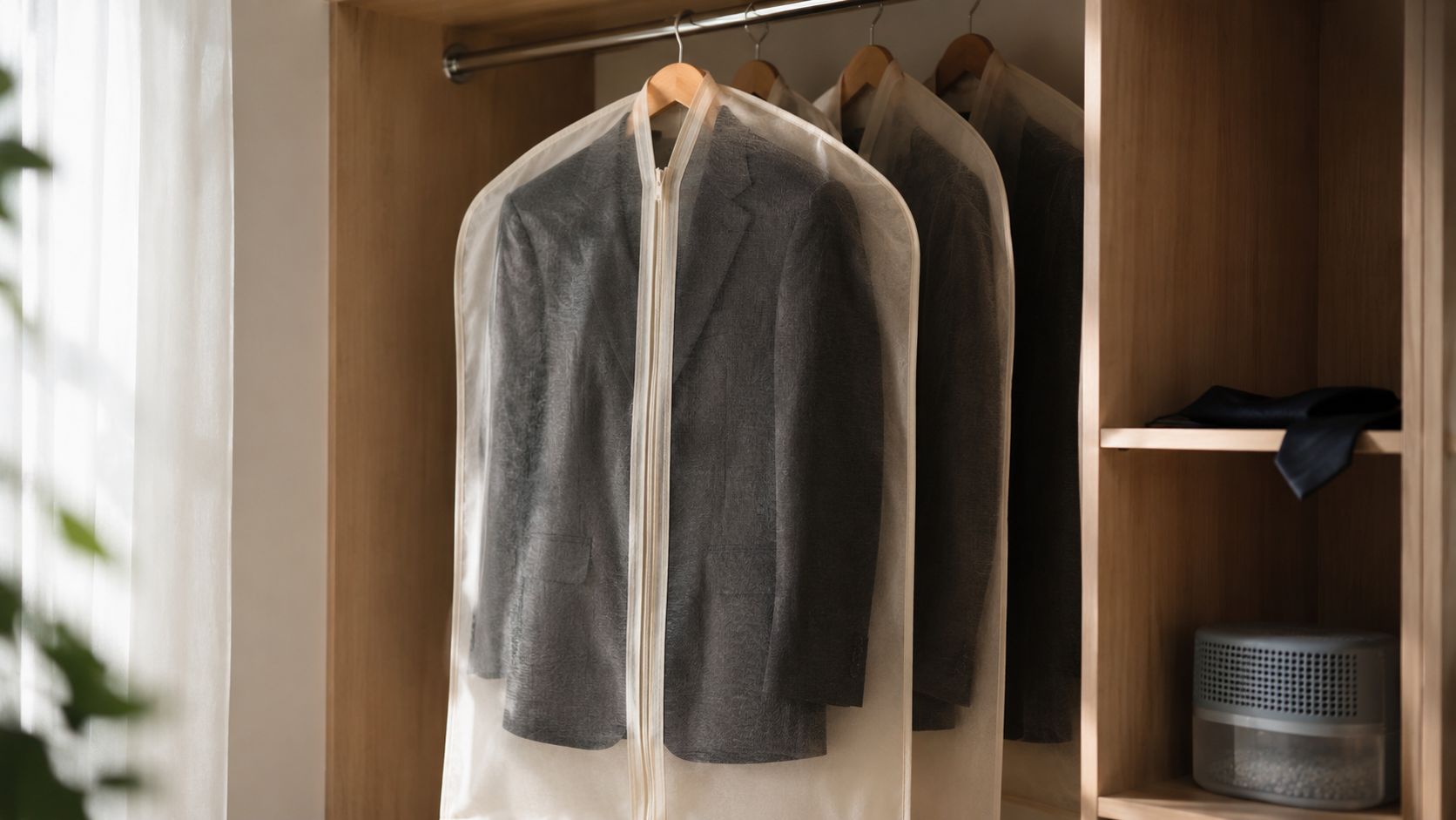礼服を不織布カバーに入れて正しく保管しているクローゼットの様子。除湿剤も視界内に。北九州市小倉南区のファミリークリーニングが推奨する、カビ予防の正しい保管方法の実例。通気性のある不織布カバー、除湿剤の活用、適度な間隔を空けた吊るし方が基本。