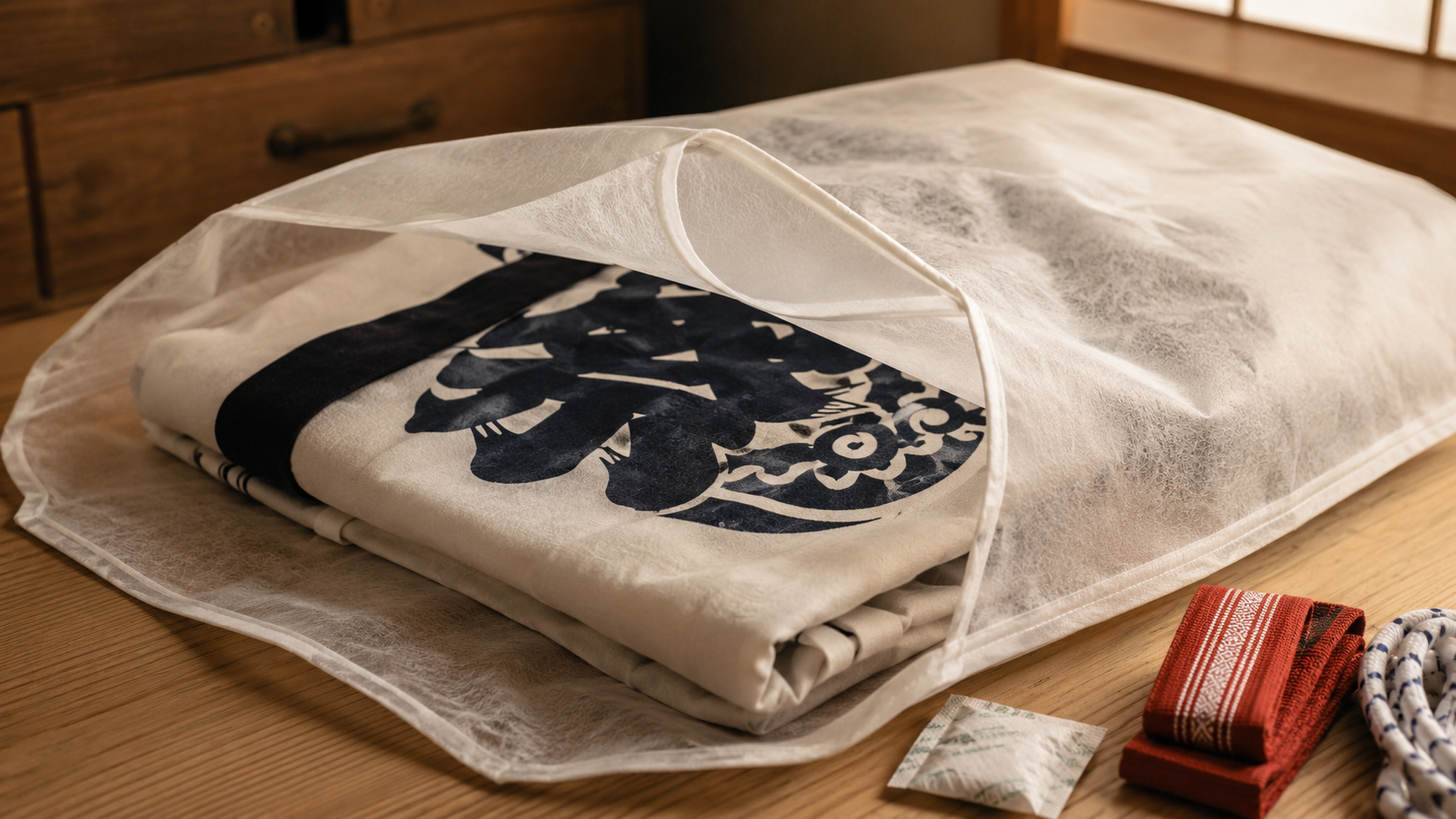たとう紙(和服専用の和紙)に納められた伝統的な法被(ハッピ)。白地に黒・紺のプリント、赤い帯と一緒に整然と保管された状態。和装には不織布カバーよりたとう紙が最適。北九州市小倉南区のファミリークリーニング推奨の保管方法を実例で示す「大切な一着シリーズ」第3弾。
